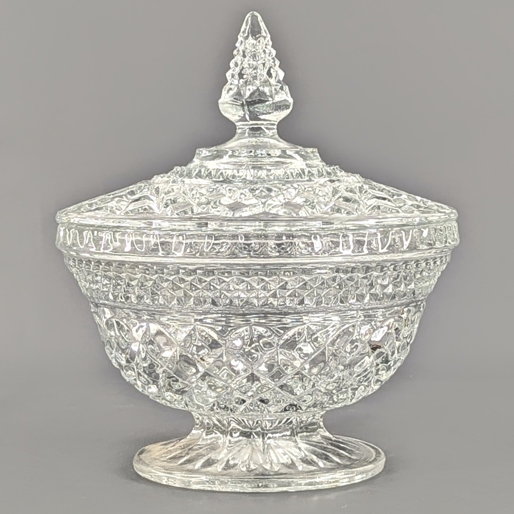 Vintage Clear Pressed Glass Pedestal Candy Dish with Lid Diamond Pattern 8in